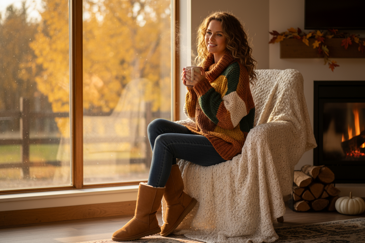 Woman modeling with automn cozy clothes on and with uggs